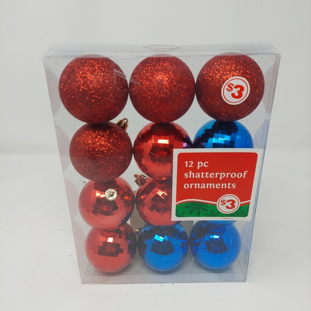 Red and Blue 12 Piece Shatterproof Christmas Ornaments Balls Glitter Metallic